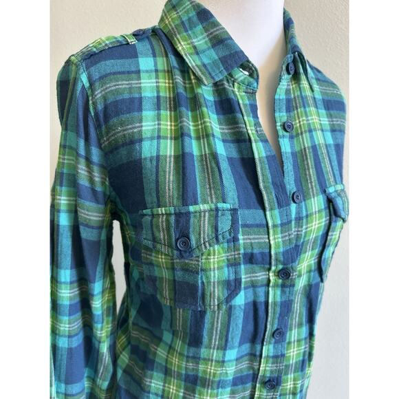 Y2K Aeropostale Flannel Women L Green Plaid Blue VTG Outdoor Preppy Dog LOGO - Picture 5 of 11
